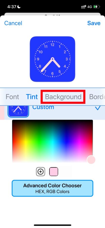 Widgetsmith 7.「Background 」タブをタップします。の画像