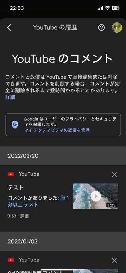 YouTube 6.新しいタブが開かれ、Googleマイアクティビティ、YouTubeのコメントページが表れますの画像
