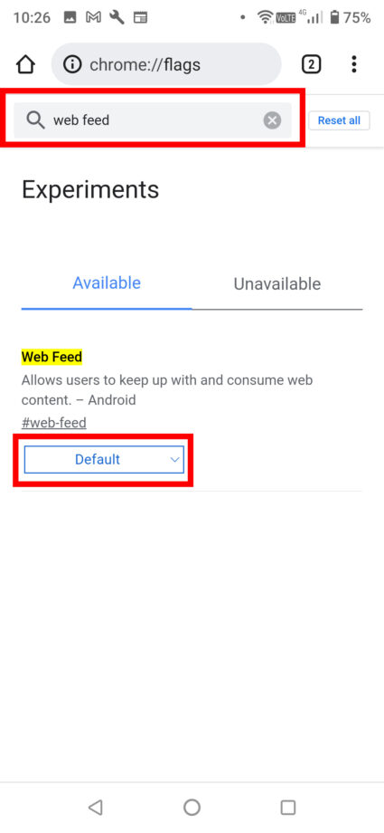 下に出てきた検索窓に「web feed」と打ち込み、「Web Feed」の欄の下にあるプルダウンの「Default」をタップします。の操作のスクリーンショット