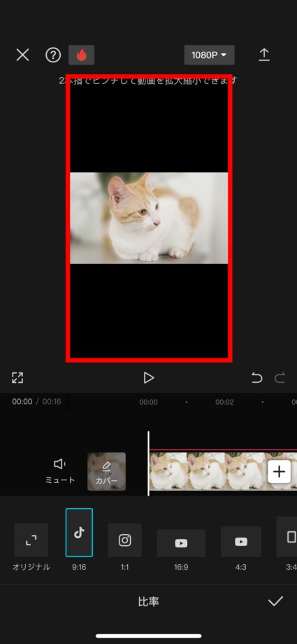 CapCut 横長の動画の上と下部分に黒い背景が追加され、9:16の縦長のフォーマットに変更されました。の画像